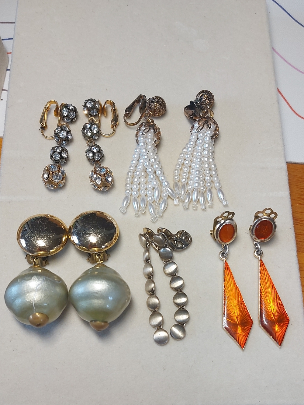 Vintage Statement Dangle Clip On Earring Lot 5 Prs Faux Pearl Enamel Rhinestone